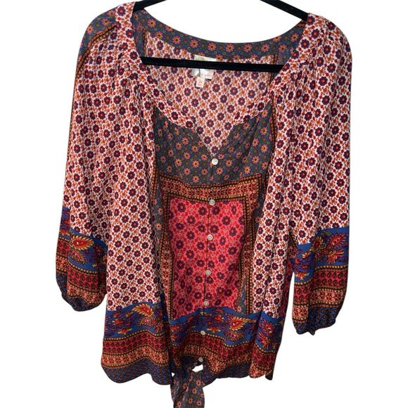Fig & Flower Blouse Womens Plus Sz 3X Button Up Tapestry Floral Tie Waist Boho - Picture 1 of 10